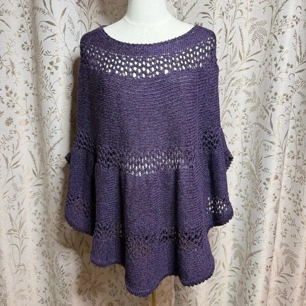 Chico's Open Knit Batwing Poncho Sweater Women L/XL Purple Whimsigoth Festival
